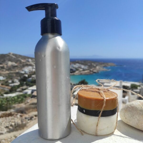 long weekend donousa Plastic-free travel kit with solid shampoo, 2-in-1 mini soap, and dry oil in a reusable case